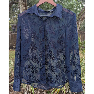 Copper Key Navy Blue M Floral Sheer Chiffon Button Up Long Sleeve Blouse